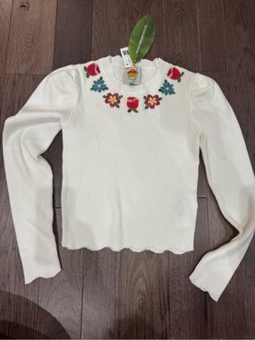 NWT FARM Rio Cream Rib Knit Sweater with Multicolor Beaded Floral Embroidery